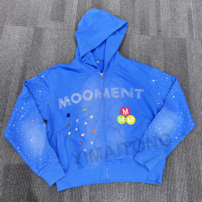 Özel Güneşle Yıkanmış Solmuş Hüzünlü Erkekler Kırılmış Pamuk Terry Ağır Ağırlıklı 420 Gsm Zip Up Rivet Patlamış Strass Hoodie