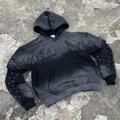Özel Güneşle Yıkanmış Solmuş Hüzünlü Erkekler Kırılmış Pamuk Terry Ağır Ağırlıklı 420 Gsm Zip Up Rivet Patlamış Strass Hoodie