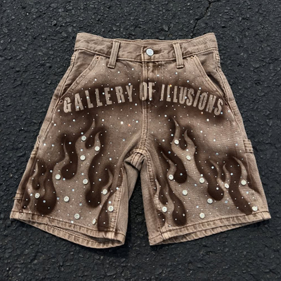 Özel 2025 Yaz Rhinestone Jeans Shorts Sokak Giysi Kahverengi Yıkama Denim Kısa Pantolonlar Vintage Baggy Jorts