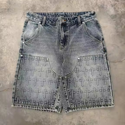 Özel Spray Yıkama Erkekler Sokak Giysi 3D Çizgili Ceket Çanta Erkekler JHalf Kısa Jeans Marangoz Denim Jean Şort