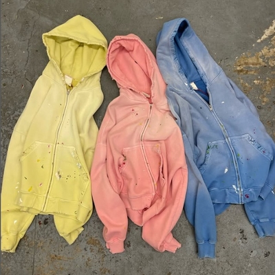 Özel Güneşle Yıkanmış Solmuş Hüzünlü Erkekler Kırılmış Pamuk Terry Ağır Ağırlıklı 420 Gsm Zip Up Rivet Patlamış Strass Hoodie
