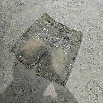 Custom Stone Washed Bling Crystal Baggy Oversized Heavyweight Streetwear Denim 100 Cotton Denim Erkek Şortları Vintage Jorts
