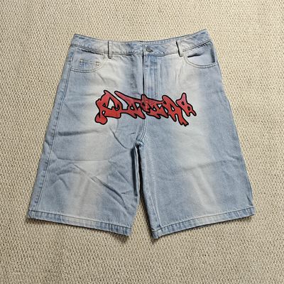 Özel Paçalı Diz Kot Şort Y2k Sokak Giyim Nakış Baskılı Vintage Çift Bel Bol Vintage Denim Jorts Erkek