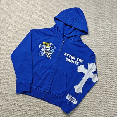 Özel Sokak Giyimleri Erkekler Ağır Ağırlık 420 gsm Sıkıntılı nakış Pamuk Fransız Terry Rhinestone Hood Zip Up Hoodie